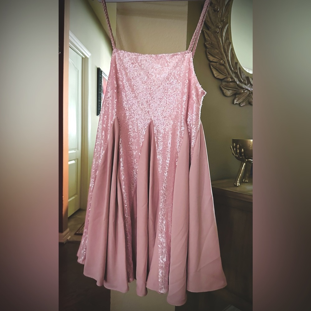 Mestiza NY Pink Sequin “Margot” Mini Chiffon Dress SMALL w/ braided straps